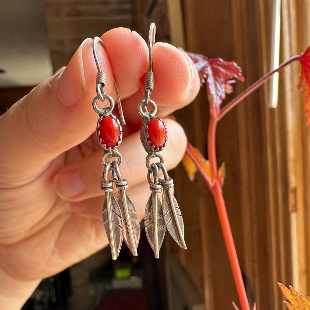 Sterling Silver Red Feather Dangle Earrings - native look coral?